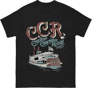 CCR Band Tribute Retro Tee Creedence Clearwater Revival with Steamboat Graphic Black T Shirt Cotton Menswear Top Casual Tshirt Medium Size