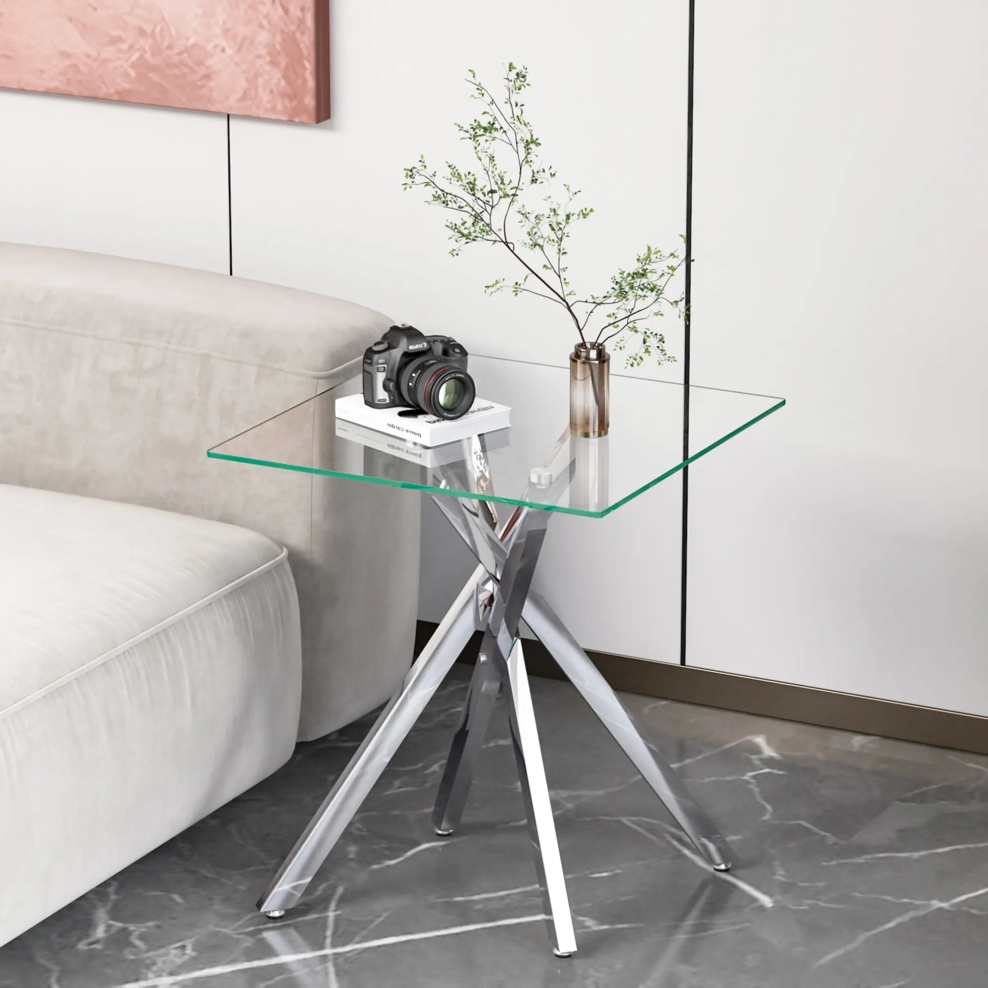 Modern Square End Side Table - Tempered Glass Top, Metal Tubular Legs, Scratch Res., Glass Metal Build, Adjustable, Easy Assembly Required, 17.72" W x 17.72" D x 20.87" H, for Living Room Decor | Indoor Furniture