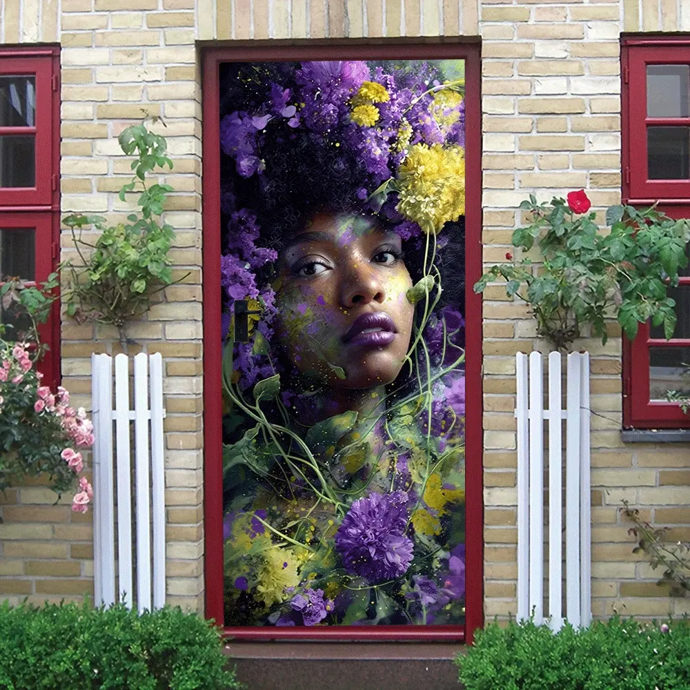 2pcs African Women Floral Art Wall Stickers Self Adhesive Removable Bedroom Living Room Decor Purple Yellow Flowers Curly Hair Girl Home Wall Decoration Creative Modern Simple Wallpaper Stickers Peel a