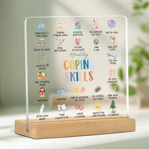Acrylic Desktop Plaque with Wooden Base, 1 Count Coping Skills Reminder Ornament, Office Desk Decoration, Inspirational Gift for Teenager