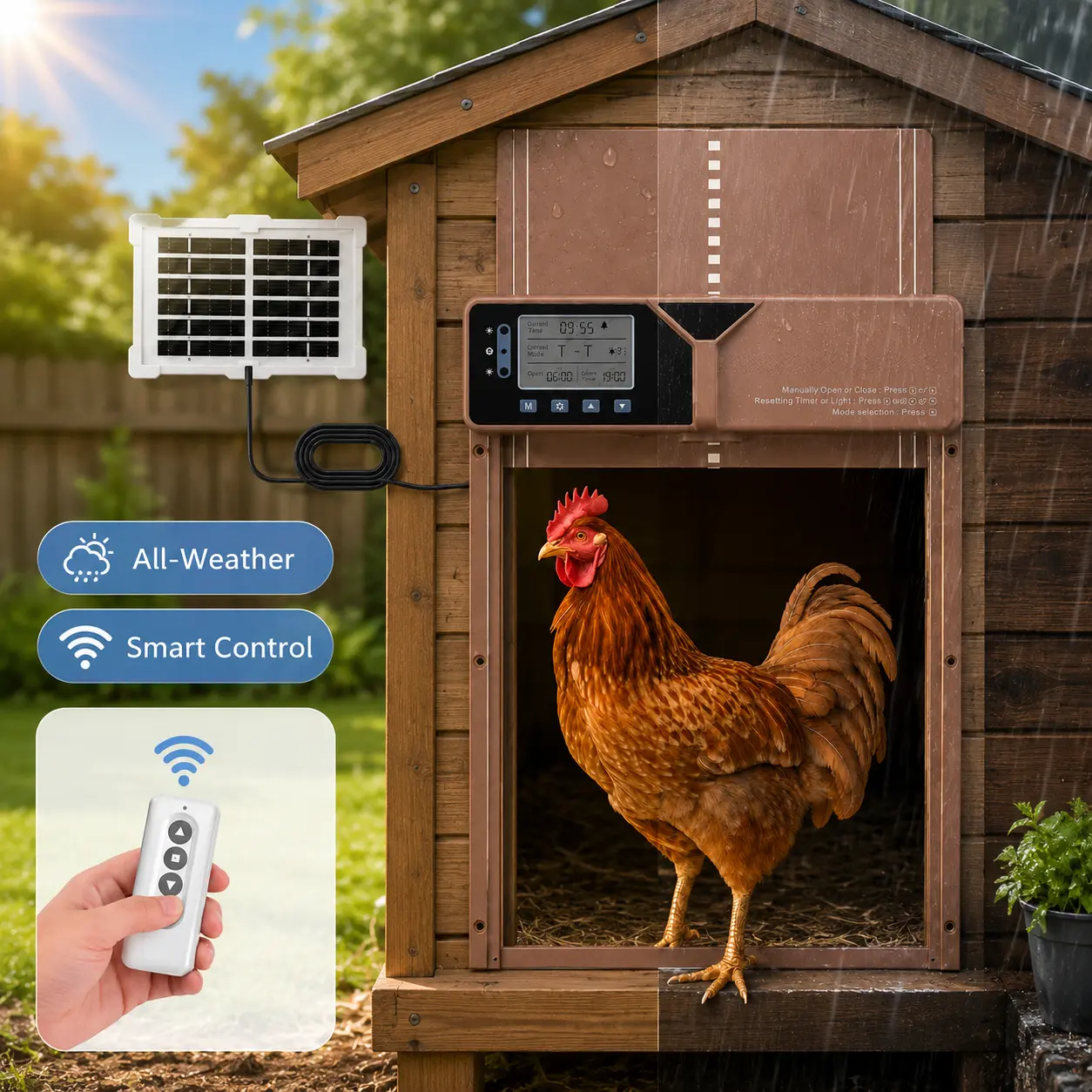 Extra Large Automatic Chicken Coop Door with Tamper Alarm, 4000mAh Solar & Battery Powered, 6 Ways to Control incl. 65ft Remote, Anti-Pinch Aluminum Door for Ducks Geese & Birds up to 12 lbs
