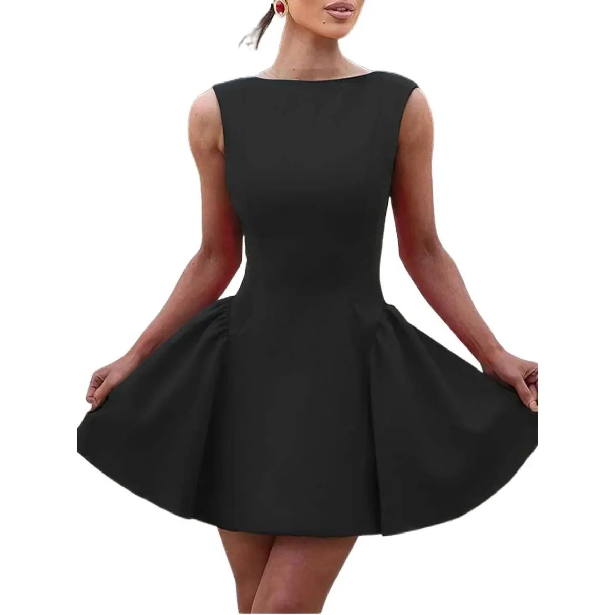 DB DB Red Sleeveless Fit and Flare Mini Dress for Women Elegant Crew Neck A Line Cocktail Party Dress Pleated Skater Dress Formal Wedding Guest Outfit Sexy Chic Date Night Dress