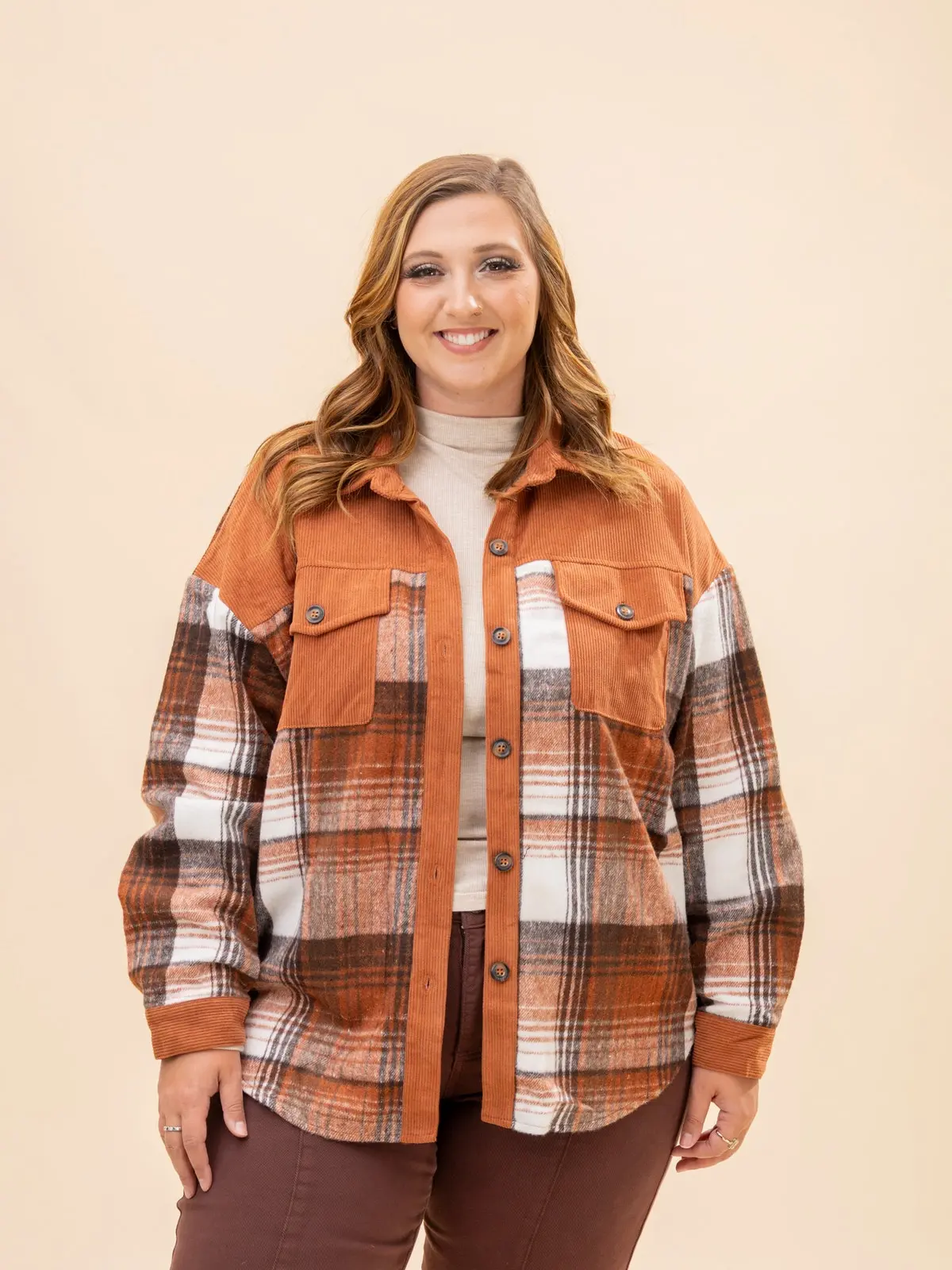 Plaid Corduroy Patchwork Chest Pocket Shacket | S-2XL