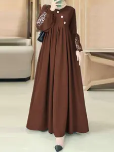 Women's Floral Print Fake Buttons Pleated Dress, Modest Casual V Neck Long Sleeve Dress for Spring & Fall, Women's Islamic Clothing for Daily Wear, Modesty Dresses, Hijabi Cute Dresses, Muslim Women Gowns, Maxidresses