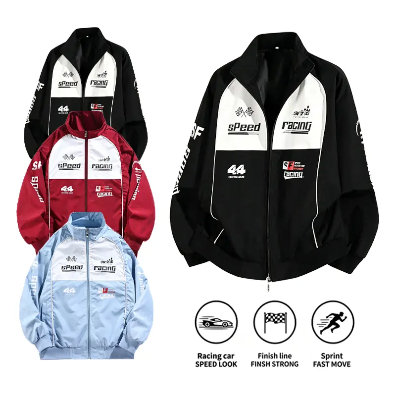 1 Pack Vintage Racing Jacket for Men Color Block Graphic Print Stand Collar Full Zip Up Y2K Streetwear Moto Windbreaker