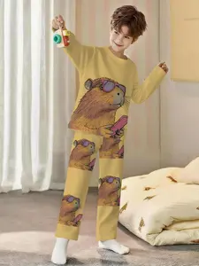 Trendy and Cool Capybara 2-Piece Boys' Digital Print Long-Sleeve Pajamas with Long Pants, Flame-Retardant Fabric. A fashionable, trendy, casual, comfortable and soft pajama set, suitable for sleeping and home leisure. Made of 100% polyester, perfect for b