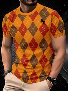 Men's 3D Checkered Print T-Shirt, Multi-Color Casual Summer Short Sleeve, Breathable Round Neck, Striped Shirt, Tee