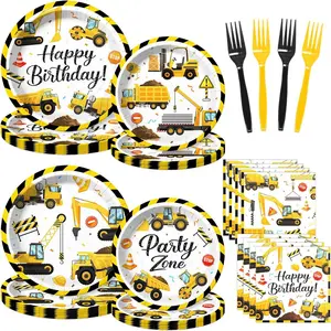 96 Pcs Construction Plates and Napkins Tableware Set (Serve 24), Construction Birthday Party Decorations, Party Supplies Include Plates Napkins Plastic For