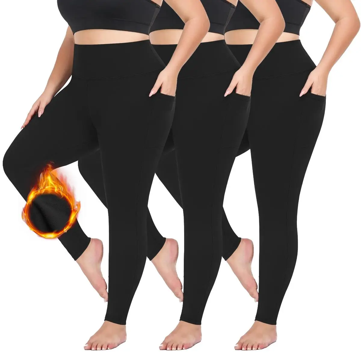 Women's 3PCS Plus Size Fleece Lined High Waisted Thermal Leggings - Warm Compression Yoga Pants with Pockets, Winter Workout Bottoms, Clearance Sale, Thermal Wear