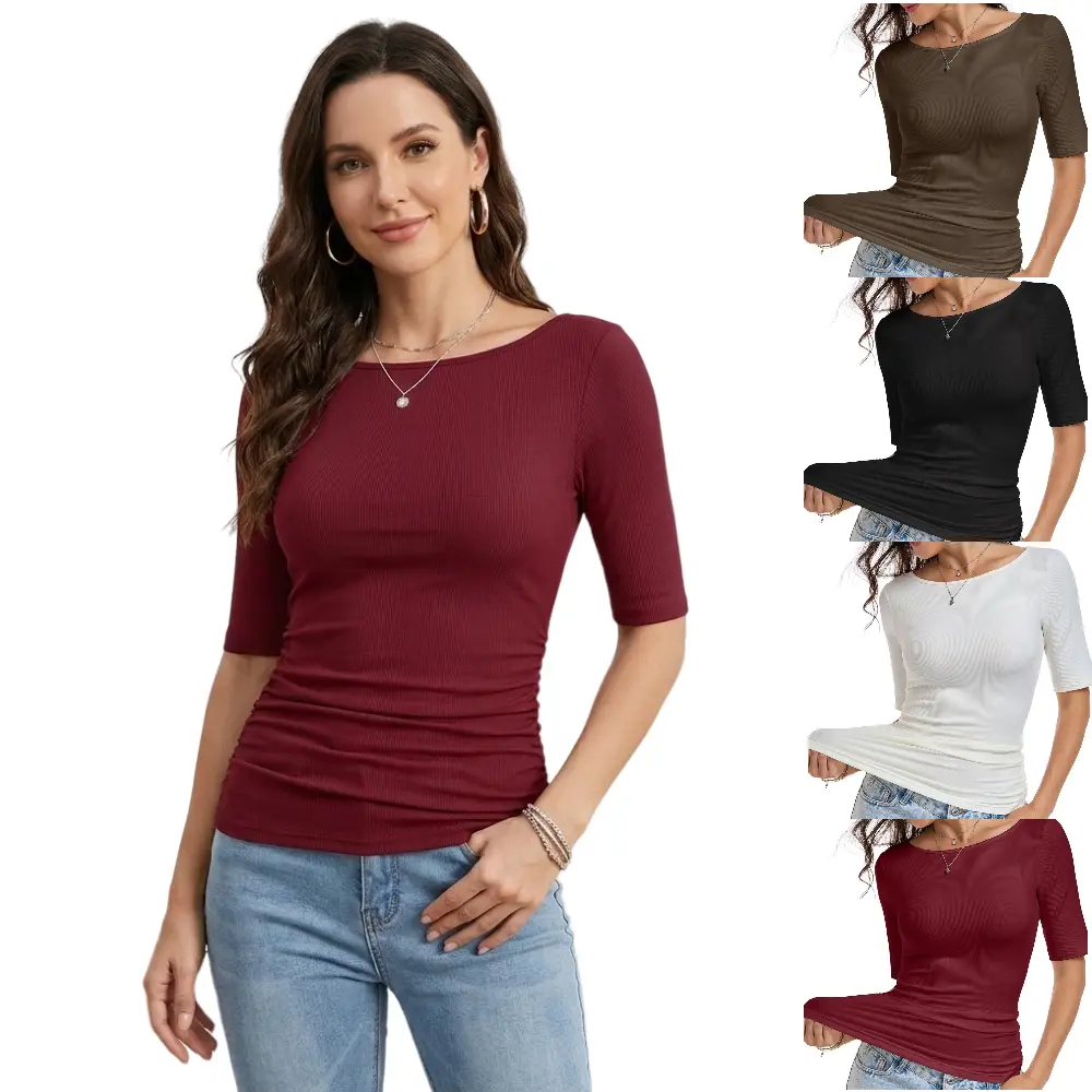 Women's Ribbed Boat Neck-Elbow Sleeve Knit Top - Side Ruched Waist, Slim Fit Hourglass Silhouette, Stretchy Elegance Style Short-Sleeve Blouse for Casual Office Use, Shortsleeve, Neck Top, Dressy Casual Tops
