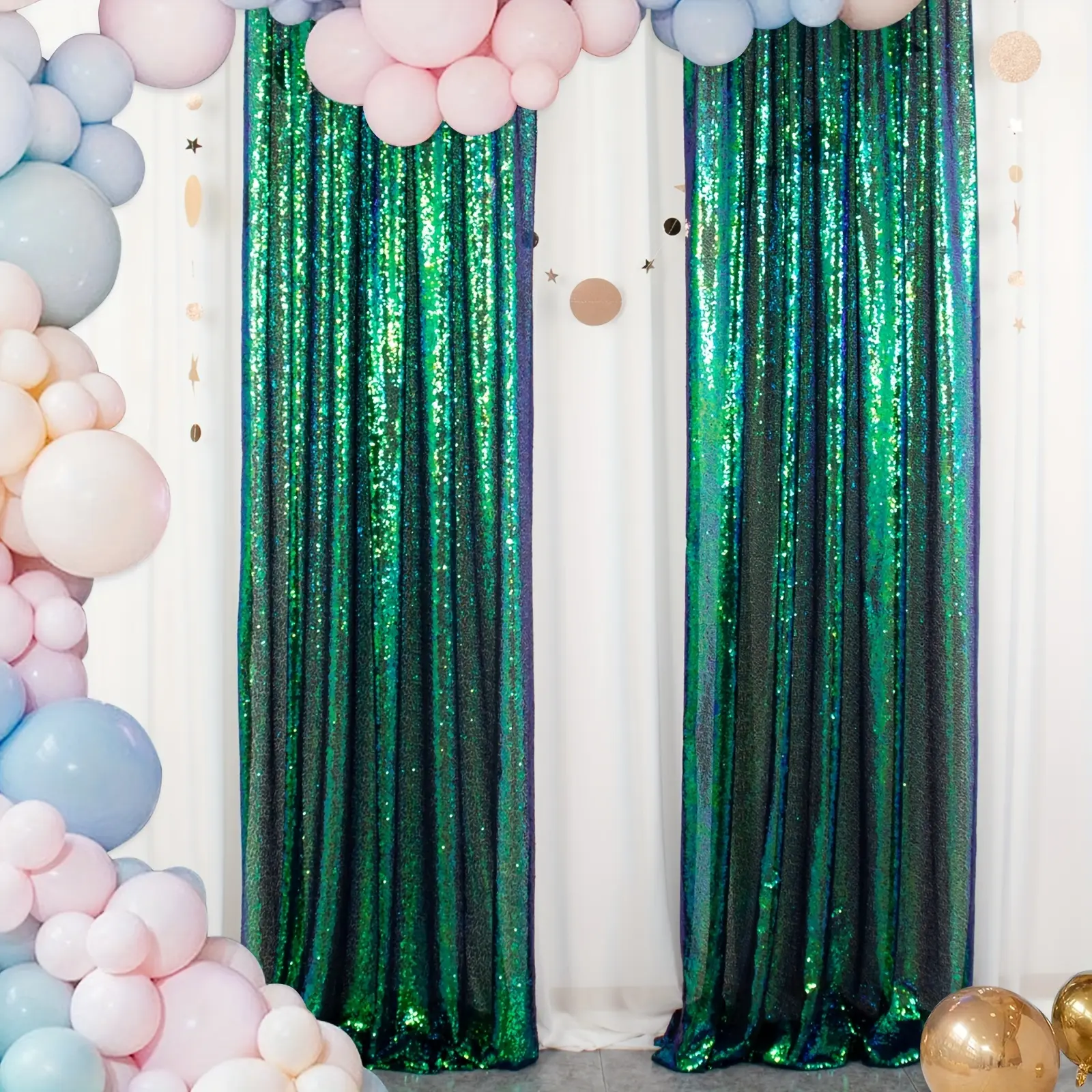[Party Wedding Birthday] Sequin Backdrop 2 Panels 2Ftx8Ft Iridescent Sequin Curtains for Party Wedding Birthday Stage Background Mermaid Green Theme for Party Decorations Blue Glitter Backdrop Curtains NEW Trends Backdrop Curtains for Party Swag DECO