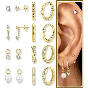 Gold Hoop Earrings for Women 14K Plated Stud Earring Set Dainty Small Hoops Jewelry Huggie Stack Hypoallergenic Non Tarnish Stainless Steel Cartilage Ear Piercing Silver Color