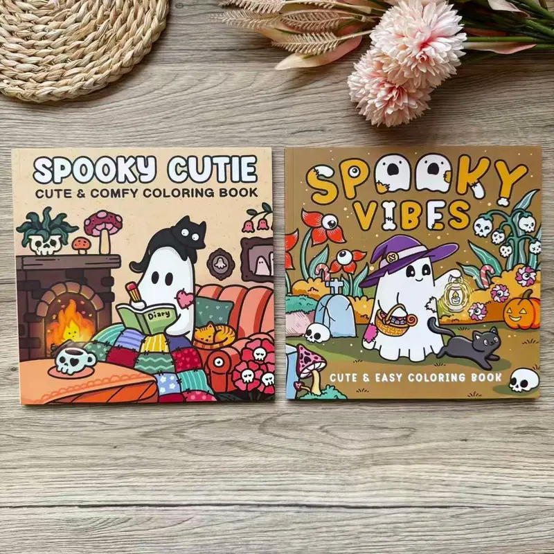2/4-Pack Adult Halloween Coloring Book Set - Popular Spooky Cutie, Comfy, Spooky Vibes Cute Design, Easy, Vibrant Coloring, Thick High-Quality Paper - Ghosts & Diverse Themes, Perfect Halloween Gift Package