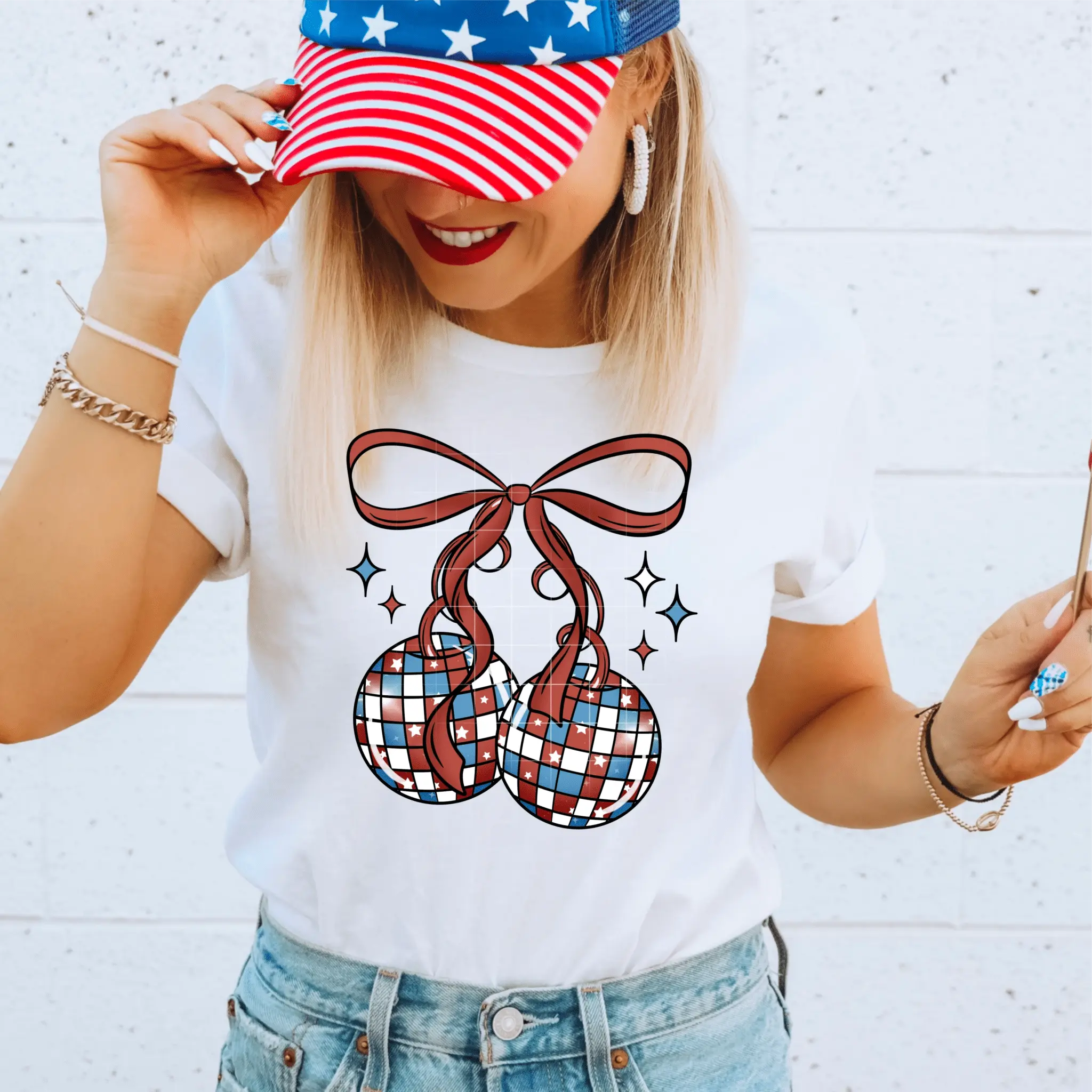 RTS AMERICA DISCO BALL JULY BOW RED WHITE BLUE DTF DIRECT TO FILM transfers size ADULT 10x12. 19-H