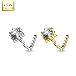 14kt Royal Square Nose Stud - 14kt Solid Gold CZ Diamond L-Shape Hypoallergenic 20 Gauge Handcrafted