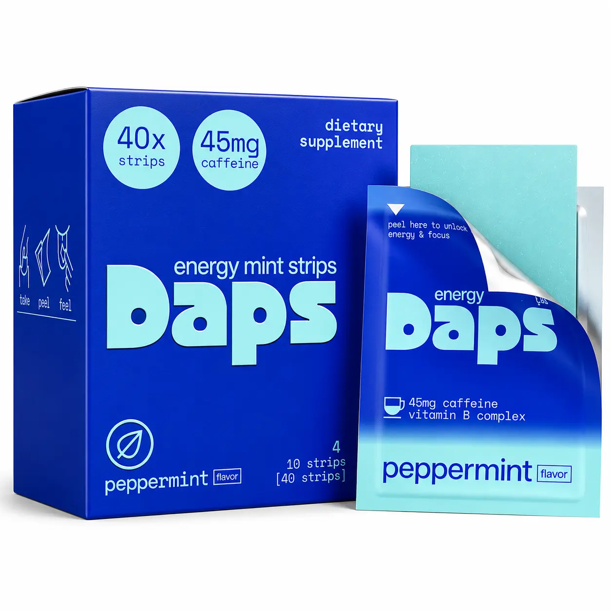 Daps Energy Mint Strips - Fast-Acting Caffeine Energy Strips with Vitamins, 45mg Caffeine, Peppermint Flavor, 40 Strips