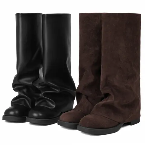 EROCALLI Women's Slouchy Knee High Boots - Women's Shoes, Footwear Fashion, Round Toe, Pull-On Ease, No Fuss, Effortless Wear, Fold-Over Block Low Heel Platform, Mid-Calf, Comfy Height Boost, Casual Design