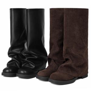 EROCALL Women's Slouchy Knee High Boots Casual Round Toe Pull On Boots Fold Over Chunky Low Heel Platform Boot Fold Over Mid Calf Flat Boots Comfortable