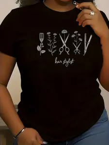 Wo Floral Hair Stylist T-Shirt - Black Crewneck Te