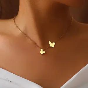 Trendy Delicate Gold Plated Stainless Steel Butterfly Pendant Chain Necklace for Women Elegant Fashion Accessory