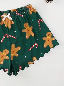2pcs Women's Comfortable Christmas Pajama Set - Festive Gingerbread Print, With Floral Trim Camisole Top And Shorts, Soft Polyester Sleepwear