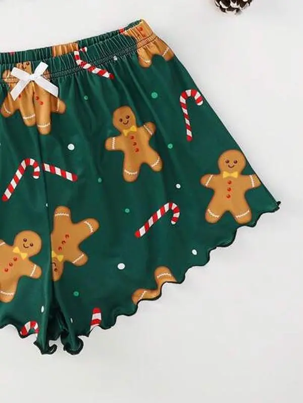 2pcs Women's Comfortable Christmas Pajama Set - Festive Gingerbread Print, With Floral Trim Camisole Top And Shorts, Soft Polyester Sleepwear
