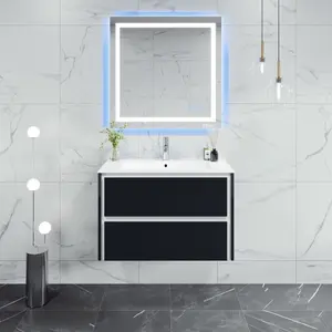 Luna 32 in. Dark Gray Wall Mount Single Sink Bath Vanity with Porcelain Top and Integrated Sink