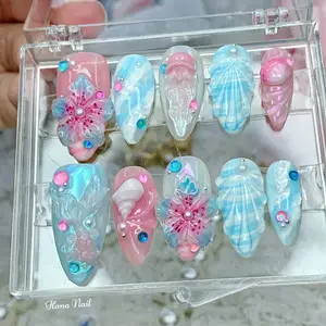 Terra Nails – Mermaid Beach Nails - 3D Ocean Art, Seashell & Jellyfish Press On Nails, Iridescent Blue Pink, Summer Coastal Set, Handmade – TN250