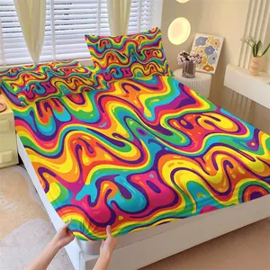 Psychedelic Retro Hippie Wave Fitted Sheet Set (2 Pillowcases), Revives Nostalgic Bedroom Vibe, Soft & Skin-Friendly Mattress Protector, Creative Gift