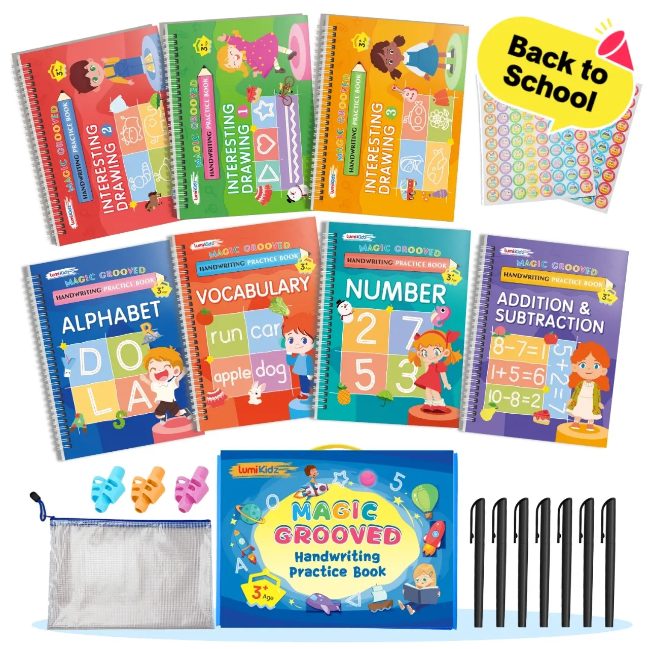 [BackToSchool]2027 LUMIKIDZ Magic Grooved Handwriting Practice Book, Preschool Back to School Supplies, Reusable Kids Tracing Workbook, Montessori Screen Free Learning Toys for 3-6 Year Old Toddlers, Kindergarten Prep, Stationery Set, Teaching Supplies, L
