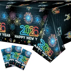 3Pack 2026 Happy New Year Eve Glow in The Dark Rectangle Tablecloth Decoration for New Year Carnival Party
