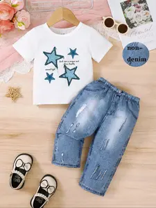 Boys' & Girls' Star Print Short Sleeve T-Shirts, Faux Denim Jeans Set for Spring Summer Casual Outdoor Wear, Kids Clothing, Clothes Kids