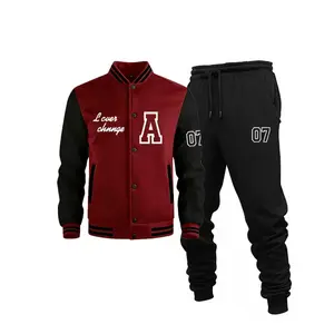 Men's Casual Daily Varsity Set - Contrast Color Baseball Jacket & Joggers for Street & School