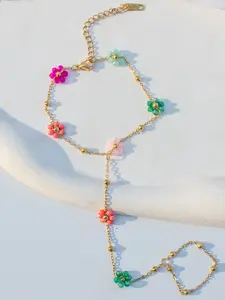 Stainless Steel Flower Interlocking Finger Bracelet, Crystal Flower Women's Ring Finger Chain, Elegant Fashion Accessory