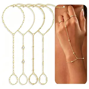 4Pcs 14K Gold Plated Bracelet Set, Adjustable Dainty Hand Chain with Ring Design, Stackable Cubic Zirconia Beaded Bangles, Trendy Fashion Jewelry for Women, Elegant Daily Accessories & Perfect Gifts for Her