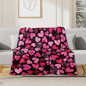 Pink Hearts Fleece Blanket Lightweight Ultra Soft Valentines Wedding Theme Throw Perfect for Sofa Bed Camping Travel Decor