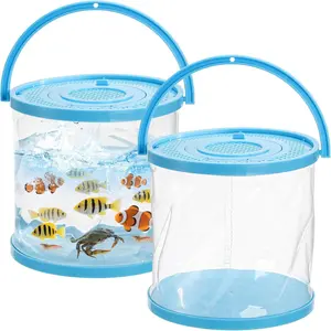 2 Pack Foldable Small Aquarium, Plastic Portable Fish Tank with Lid, Clear Fish Transport Container Fishing Bucket for Catch Release, Beach Travel, Lake Outdoor, Blue