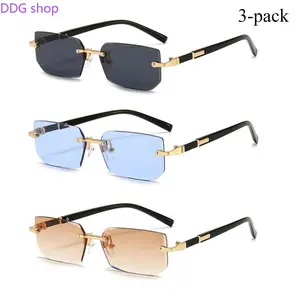 3-Pack Unisex Rimless Rectangle Sunglasses, 2026 Trendy Small Square Shades,  Fashion Eyewear with  Protection, Lightweight Frameless Glasses for Women Men, Summer Outdoor Travel, Beach & Daily Streetwear