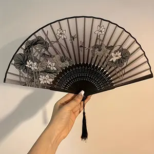 Retro elegant bamboo and floral design folding fan, handheld portable fan for home decoration, dance and gifts-with tassel, decorative fan