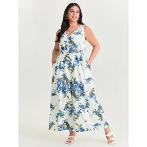 BLOOMCHIC Plus Size Large Floral Print Shirred Waist Jumpsuit Garment - Spandex Fabric, Smooth Texture, Sleeved Design, Pockets, [M-6X]2026 Summer Vibes Swimweek