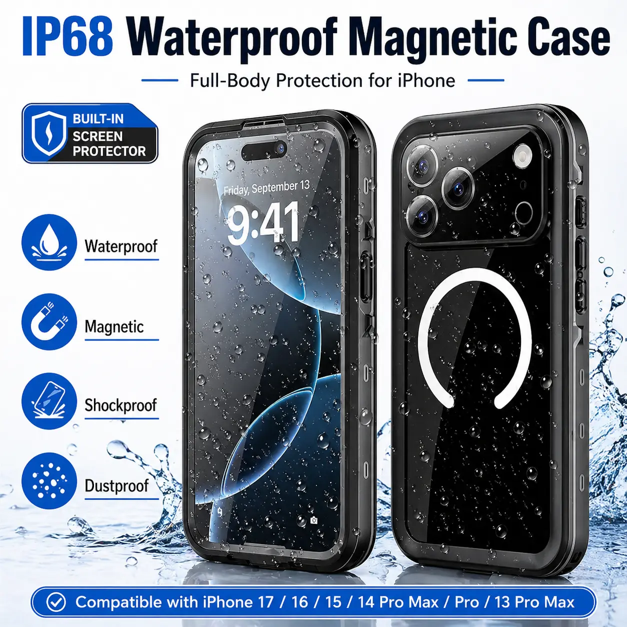 IP68 Waterproof Magnetic Protective iPhone Case for iPhone 17/16/15/14/13 Series, MagSafe-Compatible Full-Body Rugged Casing, Dustproof Shockproof Accessories for Beach & Outdoor Use, Smartphone