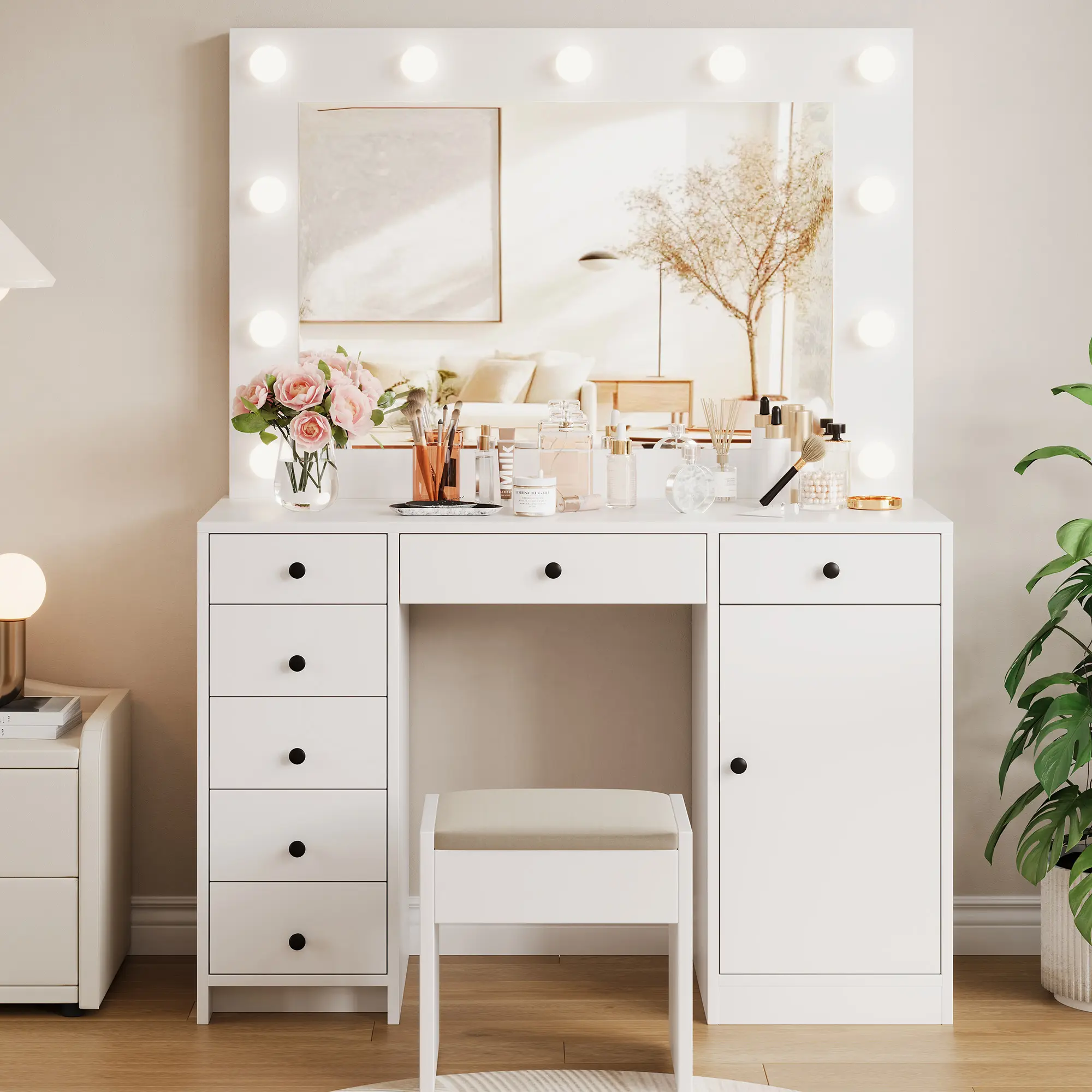 Makeup Vanity Table with LED Lights, White Wooden Dressing Desk with 7 Drawers, Storage Cabinet and Charging Station for Women