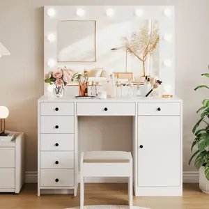 Makeup Vanity Table with LED Lights, White Wooden Dressing Desk with 7 Drawers, Storage Cabinet and Charging Station for Women