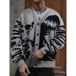 Men’s Retro Skull Graphic Cardigan, Loose-Fit V-Neck Knit Sweater, Winter Fashion Long-Sleeve Pullover, Casual Style GARMENTARY