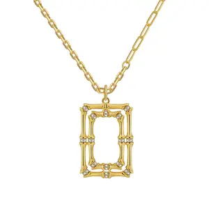 Women's Dainty Bamboo-Joint Rectangle Pendant Necklace - Gold-Plated Copper Alloy, Adjustable Length, Paperclip Link Chain, Nature-Inspired Sliding Pendant, Multi-Wear Costume Jewelry (Choker/Longline)