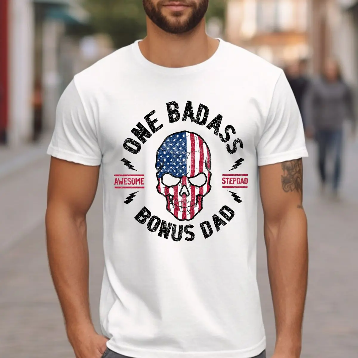 One Badass Bonus Dad Tshirt, Stepdad Gift, American Flag Skull Men’S Shirt, Father’S Day Gift For Step Father Bonus Daddy Stepfather From Stepchildren, Unisex Long Sleeve Crewneck Tee, Classic Streetwear