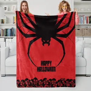 Halloween Spider Skeleton Flannel Blanket, 3d Digital Printed Cover Blanket, Skin Friendly And Warm Horror Night Blanket, Red and Black Color, Halloween Decoration Cozy Gift Blanket, Lightweight and Durable, Suitable For Sofa and Bed