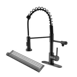3 Way Kitchen Faucet with Pull Down Sprayer Matte Black, Drinking Water Kitchen Sink Faucet with 4 Water Modes, Solid Brass Single Handle Faucet with Roll Up Dish Drying Rack for Home RV Farmhouse Sink