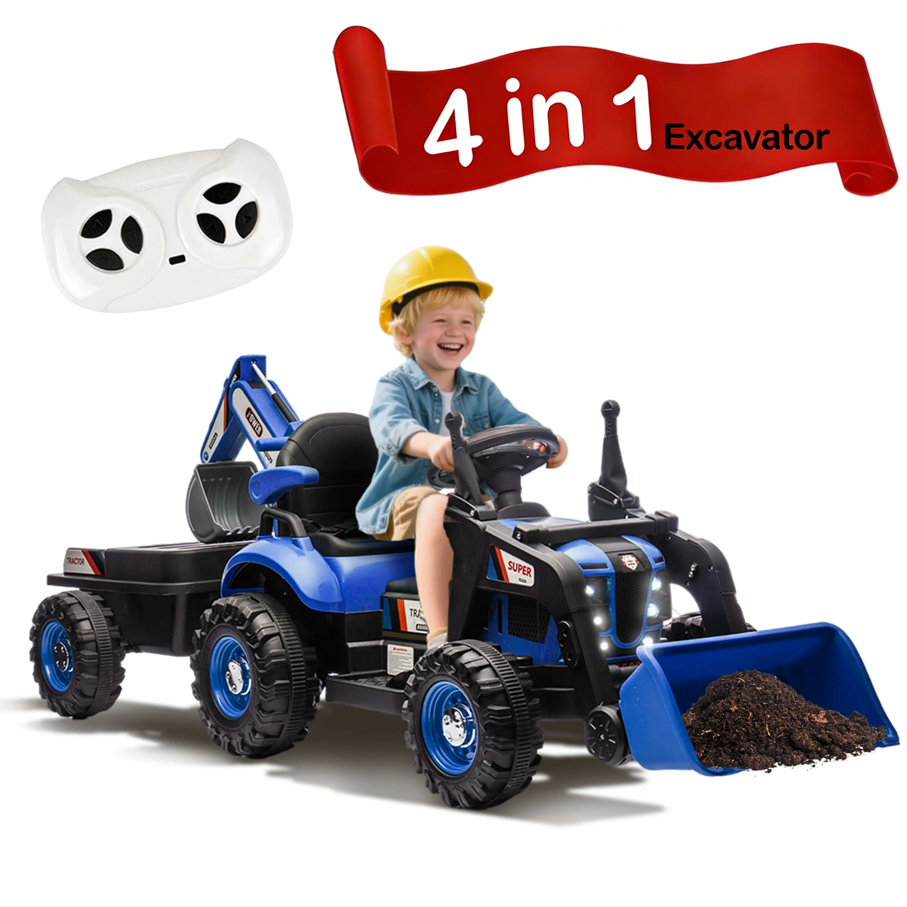 24V 4-in-1 Kids Ride-On Tractor Toy with Excavator & Trailer, Parent Remote Control Electric Construction Vehicle with Music, LED Lights, Swivel Seat - Ultimate Gift for Kids