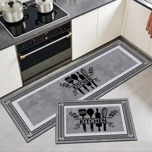Industrial Style Kitchen Mat, Vintage Base with Geometric Borders, Anti-Fatigue Cushioned Rug, 3.5mm Thickness, Easy Clean
